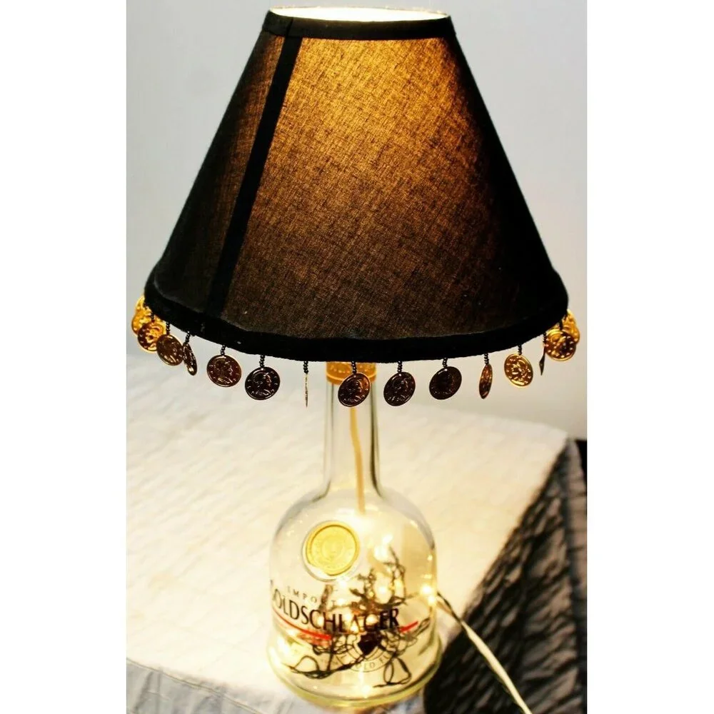 Goldschlager Table Lamp Clear Bottle Black Shade Coin Fringe Handmade Rice Light